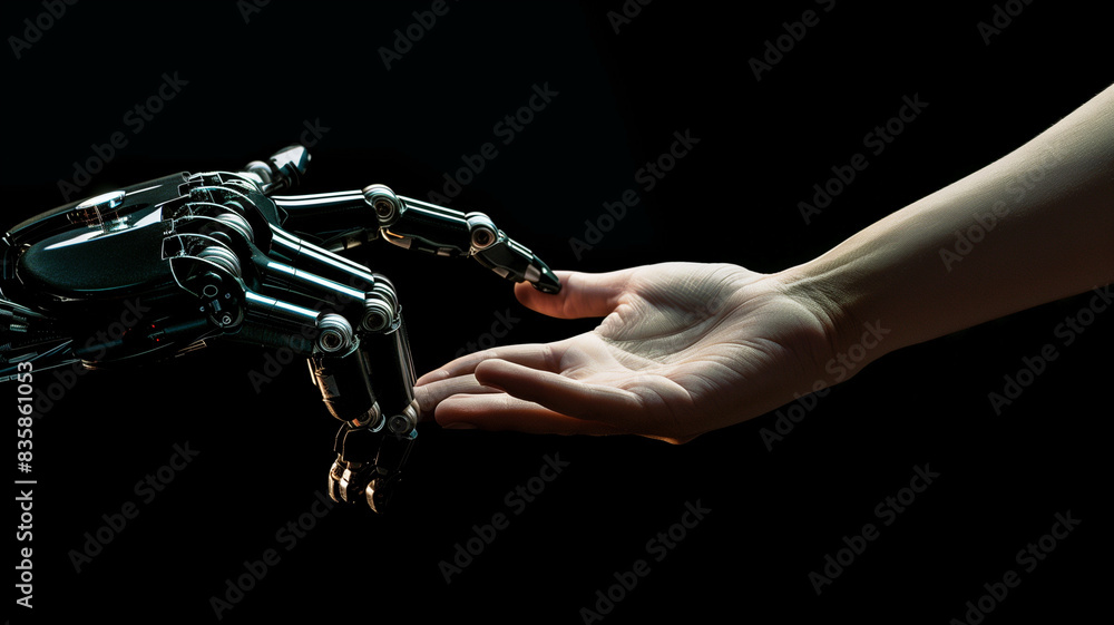 Naklejka premium Human and robot hands reaching out, AI, Machine learning, Robot and human touching on big data, Science and artificial intelligence digital technologies of futuristic