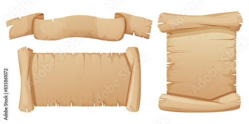 Old parchment paper scrolls, page, aged sheet surface, map, book blank isolated in white backgrund. History ancient document.