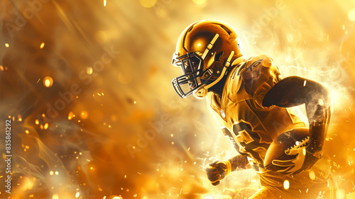 golden american football player with helmet in action on stadium background with light effects. banner for sports