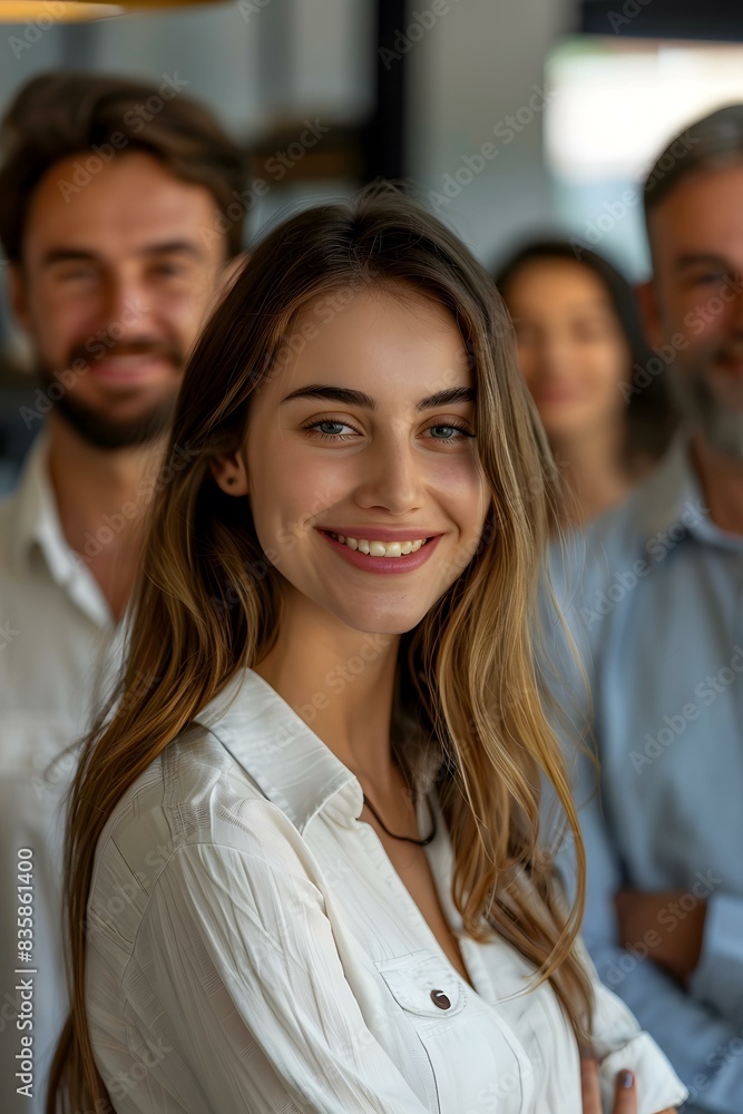 Portrait of a smiling woman in a white shirt with colleagues in the background Portrait of a smiling woman in a white shirt with colleagues in the background