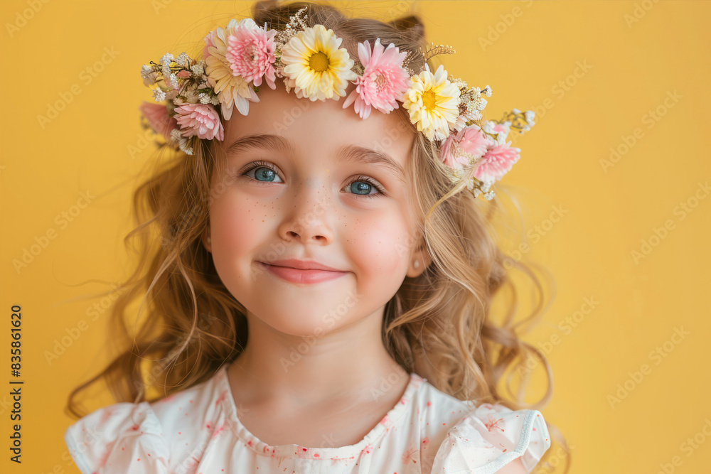 Happy little girl wearing flower wreath on head smiling and looking at camera isolated over yellow background. Happy children's day concept. copy space, Happy little girl wearing flower wreath on head smiling and looking at camera isolated over yellow background. Happy children's day concept. copy space,