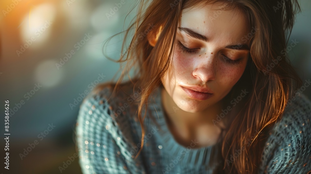 Portrait of a young woman with freckles and her eyes closed Portrait of a young woman with freckles and her eyes closed