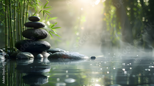 A serene image depicting a zen garden with bamboo  rocks  and water  ideal for meditation and relaxation.