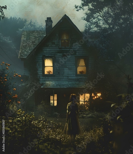 A woman standing in front of a haunted house photo