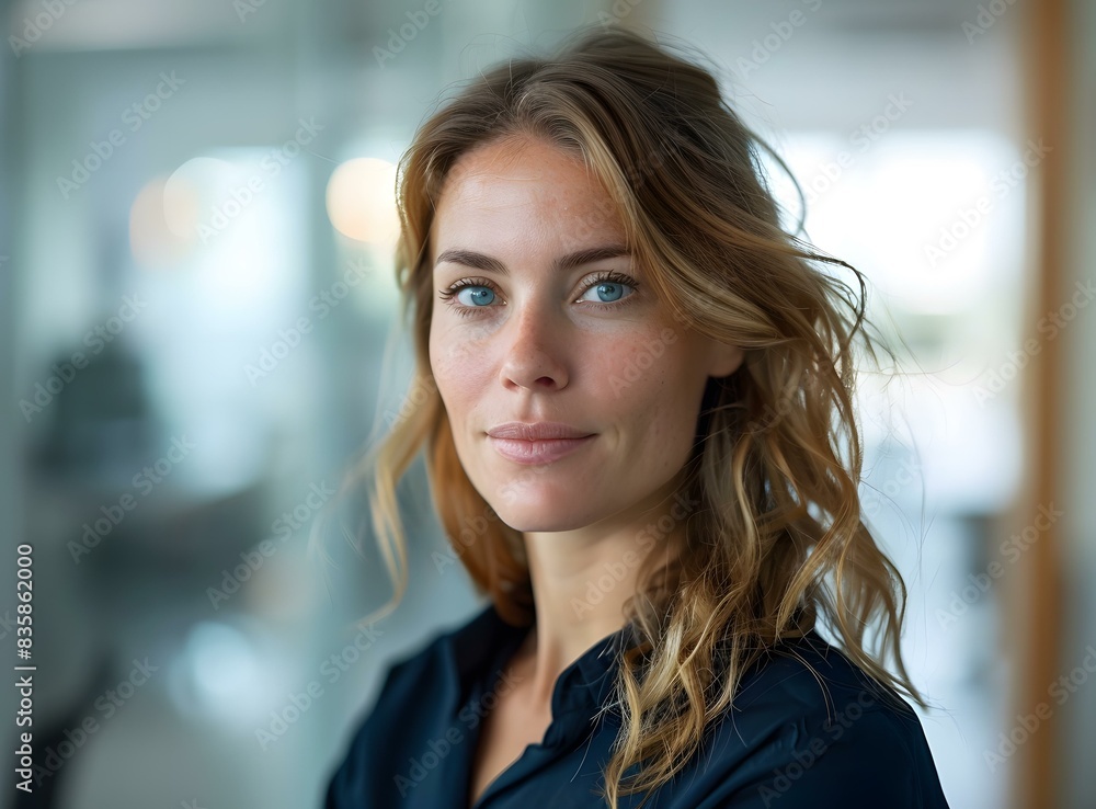 portrait of a beautiful young woman with blue eyes and curly hair