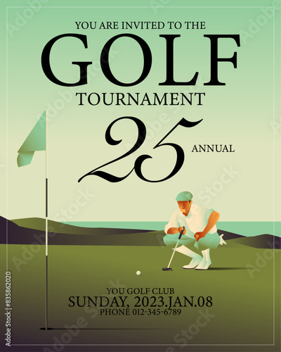 Golfclub competition poster. Template for golf competition or championship event. Blue sky and green golf field.