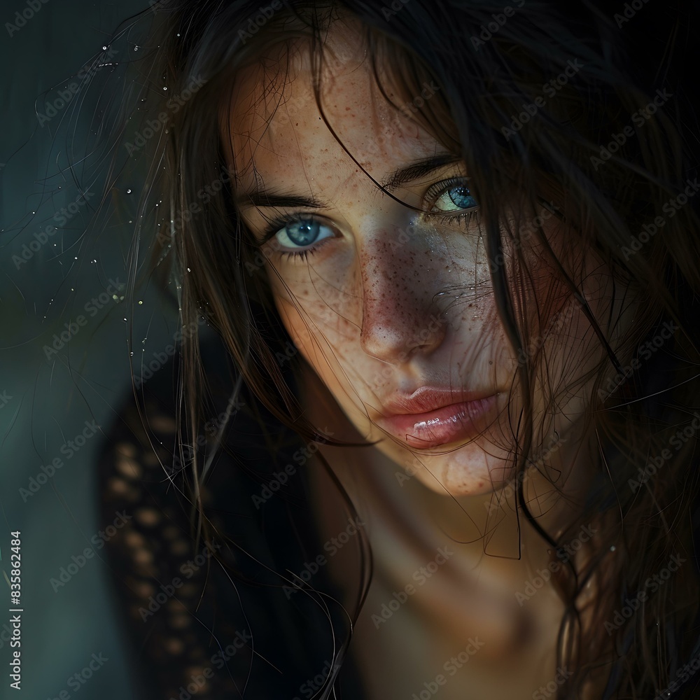 Portrait of a young woman with freckles and blue eyes Portrait of a young woman with freckles and blue eyes