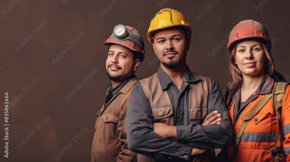 Group of construction workers wearing hard hats and work attire standing confidently. Team spirit and professionalism emphasized by their serious expressions and stance Group of construction workers wearing hard hats and work attire standing confidently. Team spirit and professionalism emphasized by their serious expressions and stance