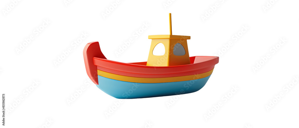 Colorful, cartoon-style fishing boat with vibrant red, blue, and yellow. Minimalist 3D design perfect for children's media and playful themes. Colorful, cartoon-style fishing boat with vibrant red, blue, and yellow. Minimalist 3D design perfect for children's media and playful themes.