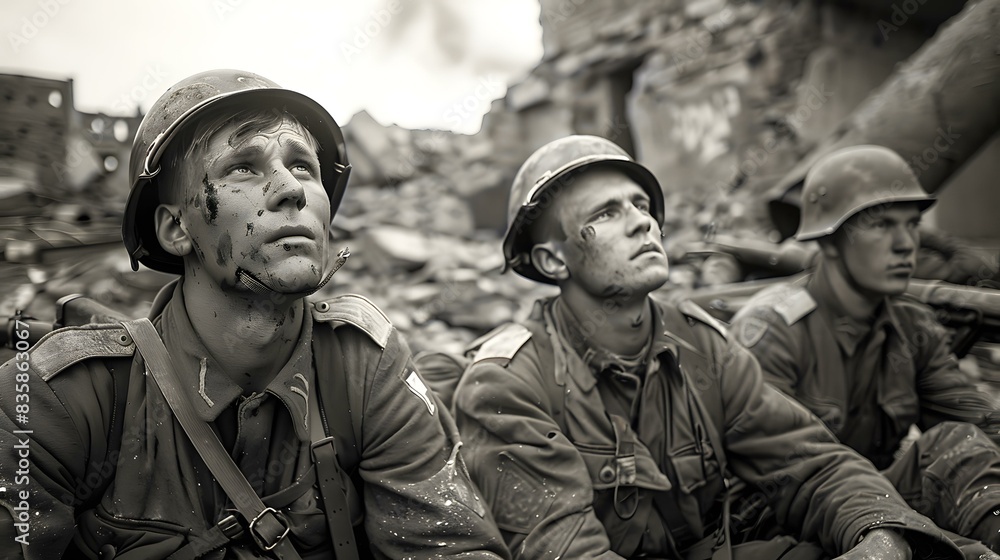 Three soldiers looking up at the sky during the war Three soldiers looking up at the sky during the war