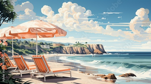 Friends on a weekend getaway at a beach resort, lounging under umbrellas, playing beach volleyball, and enjoying the relaxed vibe of seaside leisure. Painting Illustration style, Minimal and Simple,