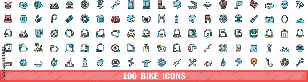 100 bike icons set. Color line set of bike vector icons thin line color flat on white 100 bike icons set. Color line set of bike vector icons thin line color flat on white