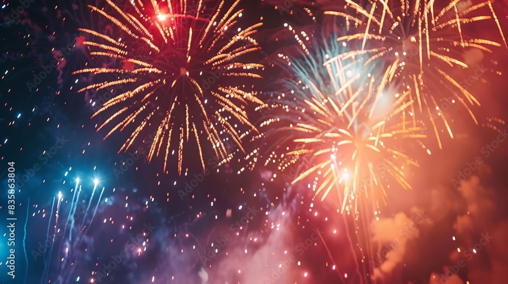 Obraz premium Fireworks Extravaganza, night sky filled with vibrant fireworks, captivated audience, festive atmosphere, realistic illustration