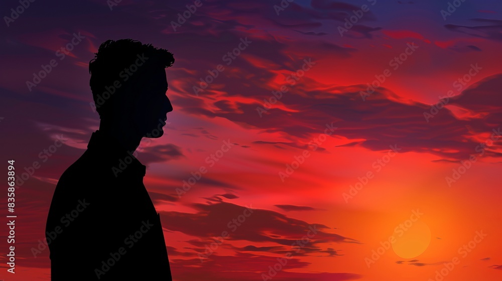 Silhouette of a man at sunrise with a scenic sky in tranquil natural setting Silhouette of a man at sunrise with a scenic sky in tranquil natural setting