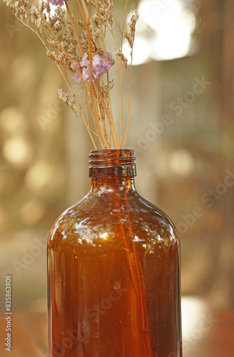 Closeup Dry  Grass Flowers in the bottle with Bokeh background - vintage Patterns with Copy space 