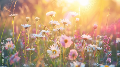 Fototapeta Naklejka Na Ścianę i Meble -  Sunny meadow with abundant white and pink spring daisies in early summer, nature landscape in estonia