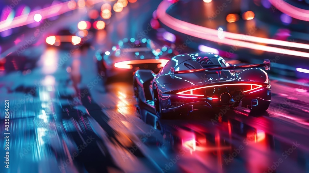 Futuristic racing track with hover vehicles, Scifi, Bright neon colors, 3D rendering, Highlighting advanced transportation in a highspeed race Futuristic racing track with hover vehicles, Scifi, Bright neon colors, 3D rendering, Highlighting advanced transportation in a highspeed race