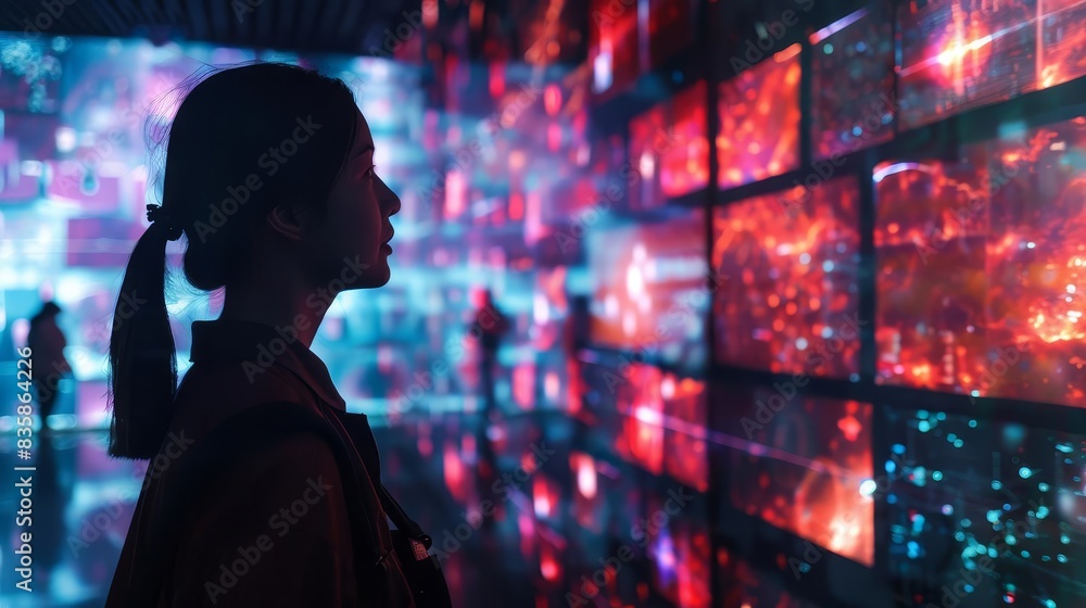 Futuristic museum with holographic exhibits, Scifi, Neon and dark tones, Digital art, Showcasing advanced ways of presenting history Futuristic museum with holographic exhibits, Scifi, Neon and dark tones, Digital art, Showcasing advanced ways of presenting history