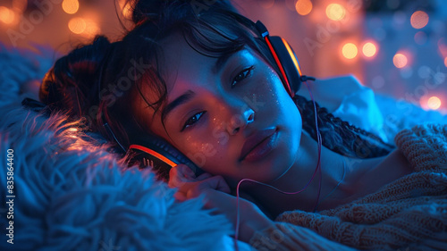 A girl is lying on the couch, wearing headphones, and listening to music,anime style,geneartive ai photo