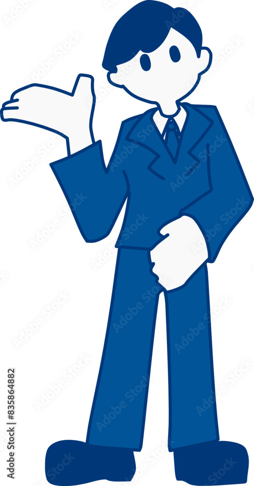 何かを案内してくれているスーツを着た若い男性のイラスト 何かを案内してくれているスーツを着た若い男性のイラスト