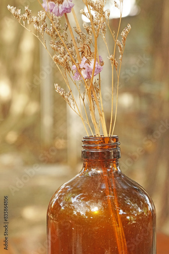 Closeup Dry  Grass Flowers in the bottle with Bokeh background - vintage Patterns with Copy space 