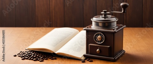 A vintage coffee grinder beside an open book and scattered coffee beans on a wooden surface. This image evokes a warm  nostalgic feel  perfect for themes of comfort  warmth  and tradition.