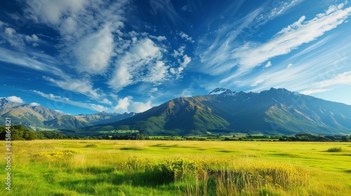 Vibrant summer landscape: majestic mountains, verdant fields, and azure skies in south island, new zealand