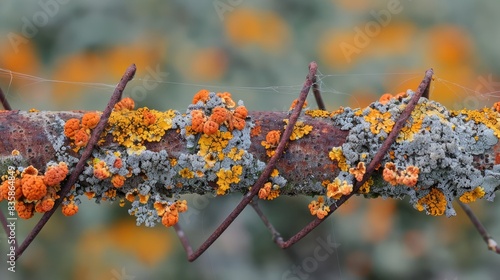 Lichens over a wire with orange hues photo
