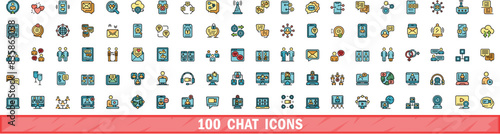 100 chat icons set. Color line set of chat vector icons thin line color flat on white