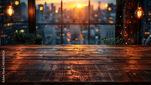 Urban Cityscape with Hardwood Table in Foreground Generative AI © Alex