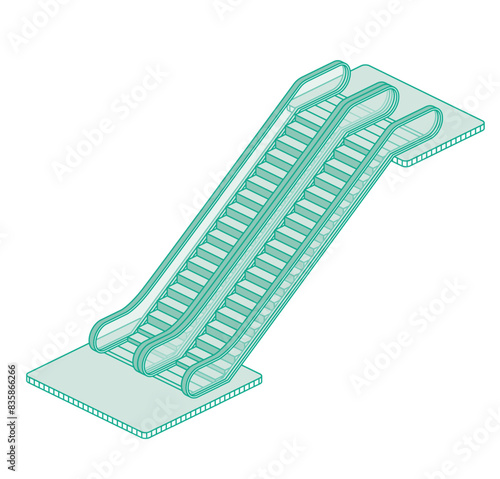 Modern isometric escalator. Outline object isolated on white background.
