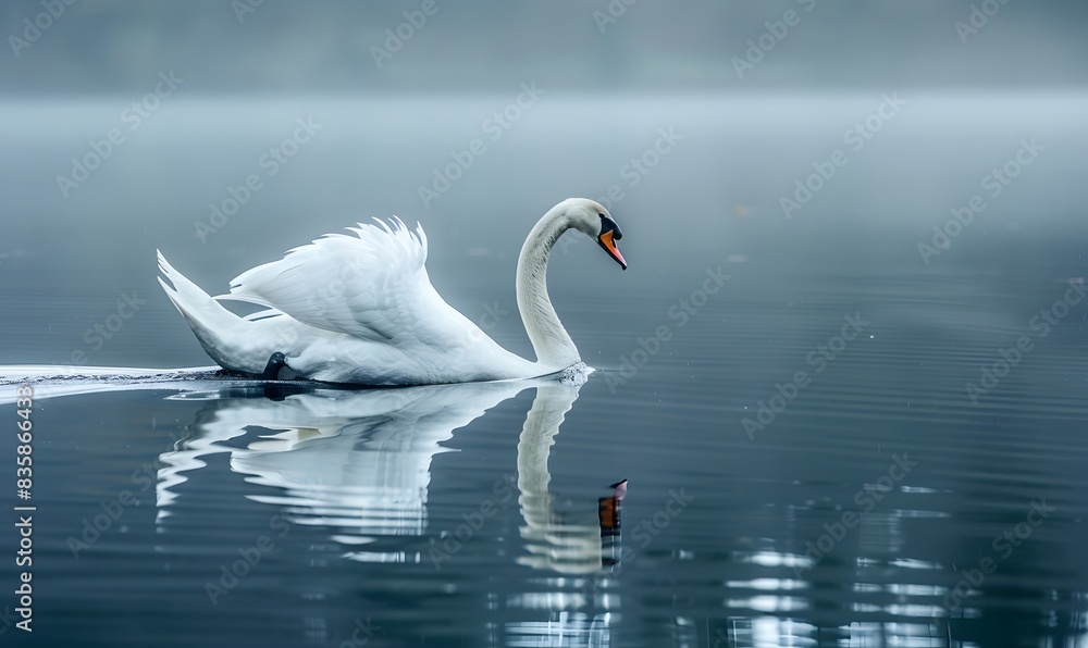 Fototapeta premium A swan is gliding across the lake, Generative AI 