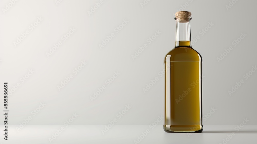 A glass bottle of olive oil with a cork top sits on a white background