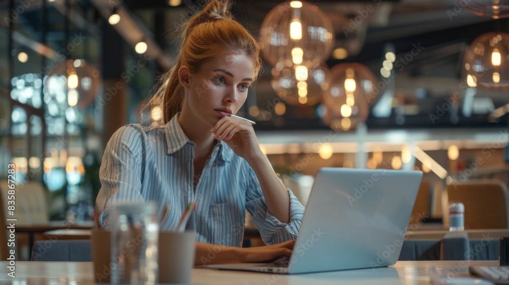 The woman thinking at laptop The woman thinking at laptop
