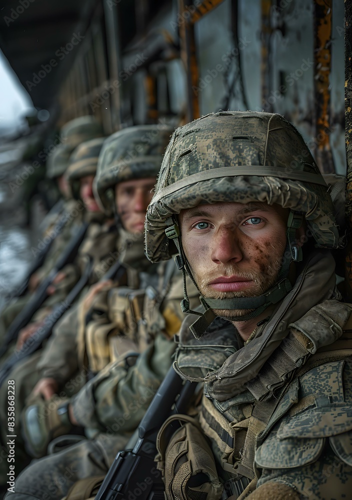 A soldier looks out from a military vehicle A soldier looks out from a military vehicle
