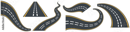 Lots of winding roads. Traveling along a curved highway. The road to the horizon in perspective. Curvy asphalt empty line isolated vector concept