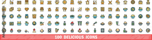 100 delicious icons set. Color line set of delicious vector icons thin line color flat on white