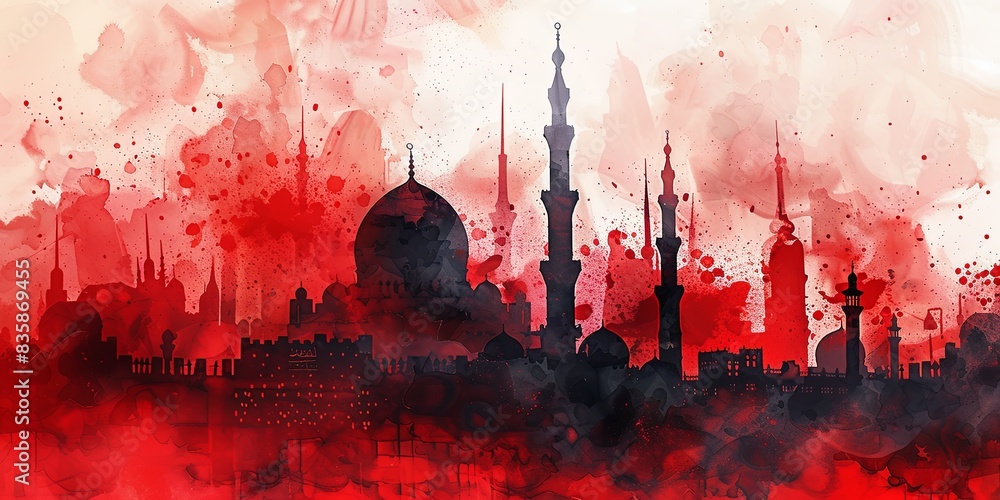 Fototapeta premium Artistic Watercolor Mosques in Red and Green