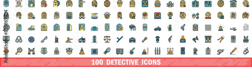 100 detective icons set. Color line set of detective vector icons thin line color flat on white
