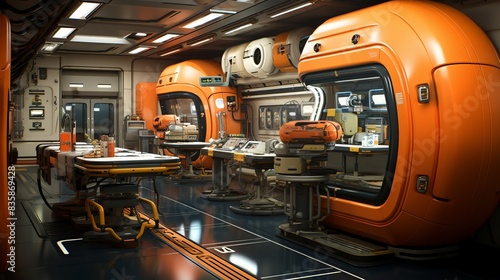 Fototapeta Naklejka Na Ścianę i Meble -  A happy space station technician programs a robotic arm for maintenance tasks, with the interior of the stationâ€™s docking bay visible, displaying their technical expertise. Painting Illustration