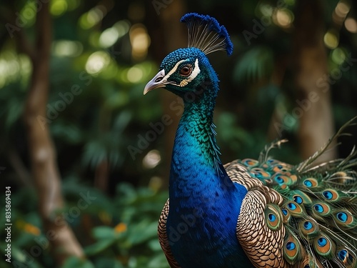 A majestic peacock with iridescent feathers strutting in tropical paradise.

