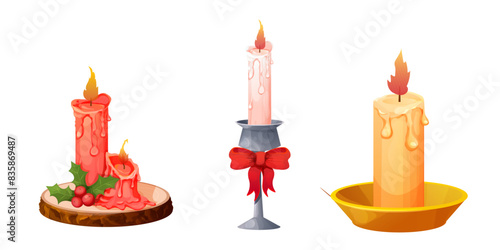 Set wax, paraffin or soy candles in holders red, yellow candlestick with fire, flame light holiday magic decoration baw and festive leaves isolated on white background. 
