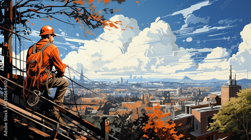 Fototapeta premium A cheerful construction engineer surveys a site from an elevated position using a pair of binoculars, with an urban skyline in the background, planning the next steps. Painting Illustration style,