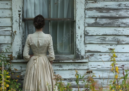 woman in a long dress looking out the window photo