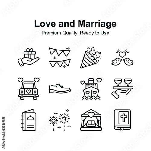 Take a look at unique style icons set of love and marriage, pixel perfect graphics