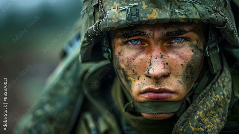 Portrait of a young soldier with blue eyes and a dirty face Portrait of a young soldier with blue eyes and a dirty face