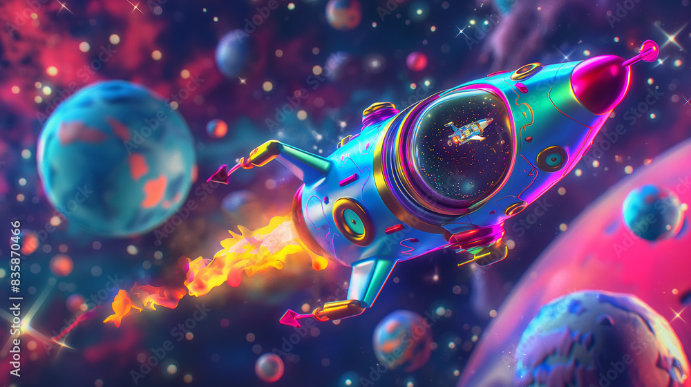 Fototapeta premium 3D Realistic Cartoon Style Space Rocket with Smoke