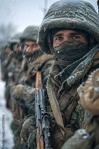 Russian servicemen during a military exercise in the snow © duyina1990