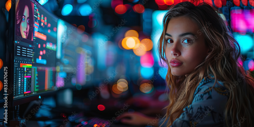 photographic still of attractive woman sat at desk in modern office working on a computer editing a sequence on Premier Pro,generative ai photographic still of attractive woman sat at desk in modern office working on a computer editing a sequence on Premier Pro,generative ai