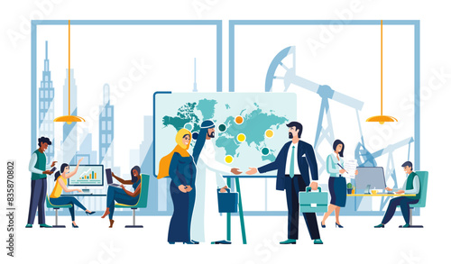Diverse, Multi-ethnic Businessmen Shaking Hands in Office with Oil Pumps View. Communication, Contemporary Marketing. International Partnership Relations, Arab Couple.Dubai, people.Vector Illustration